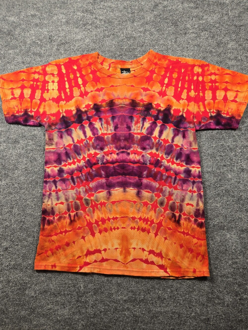 Stussy Upcycled Reverse Ice Dye Graphic T Shirt Orange Purple Big Logo Medium